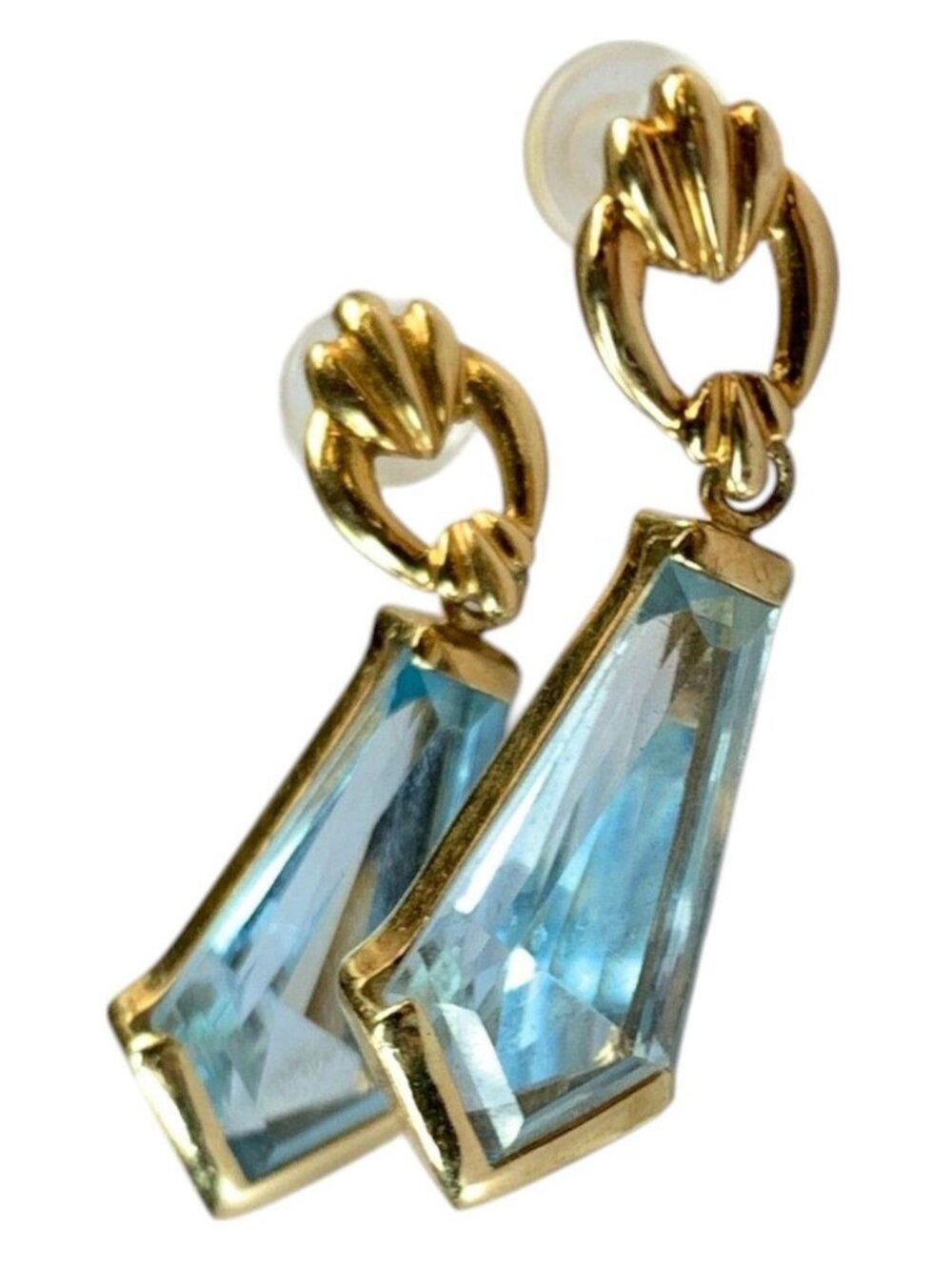 14k Gold Kite Shaped Blue Gemstone Doorknocker Style Earrings 7.90g
